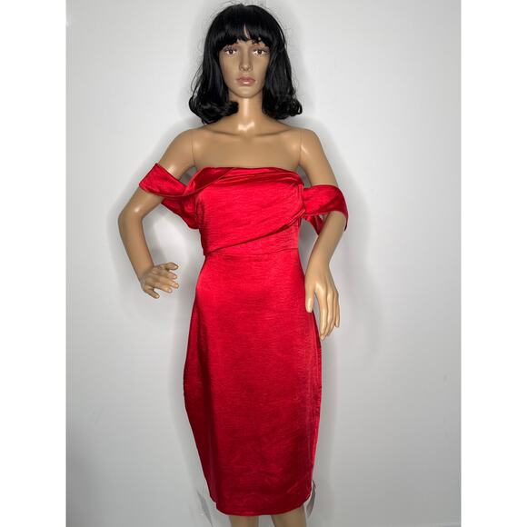 NWT Vesper London Red Off-Shoulder Drape Neck Bodycon Midi Dress Size XS - Picture 2 of 16